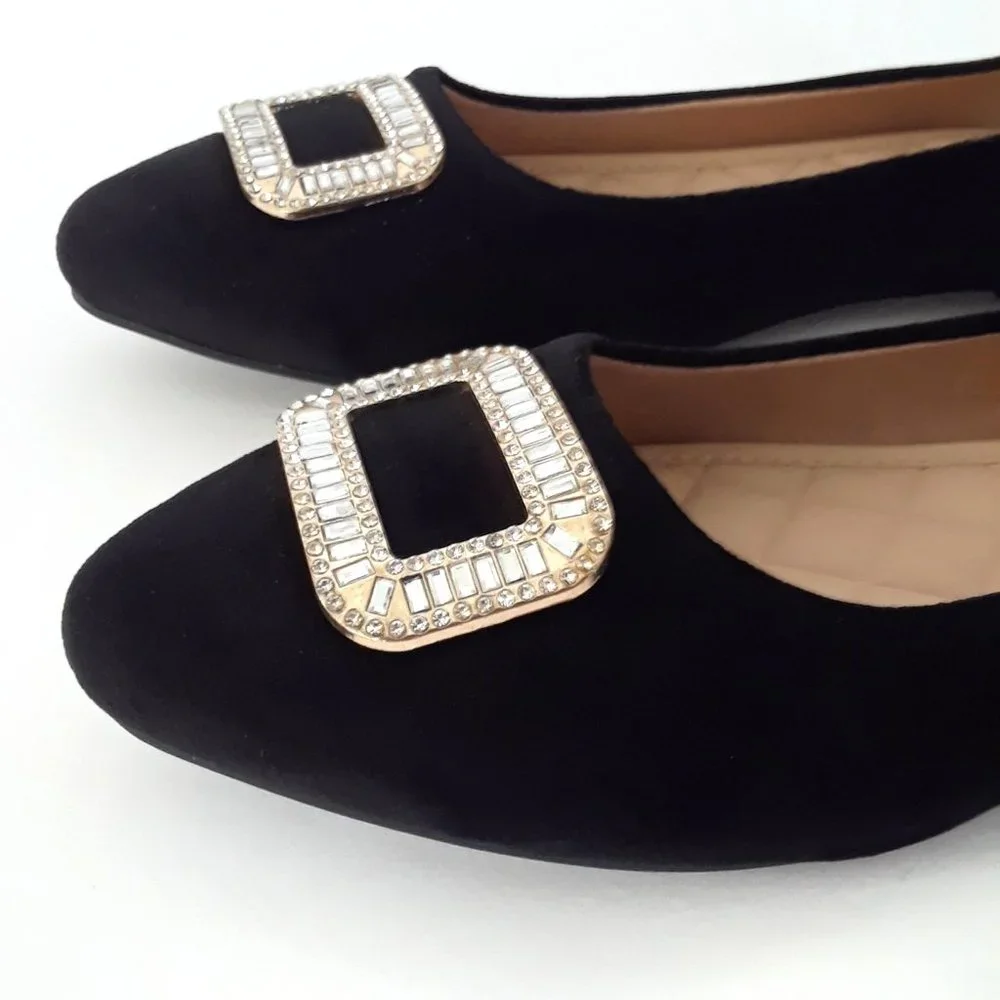 Black Velvet Rhinestone Buckle Pointed Toe Ballet Flats - Picture 6 of 15